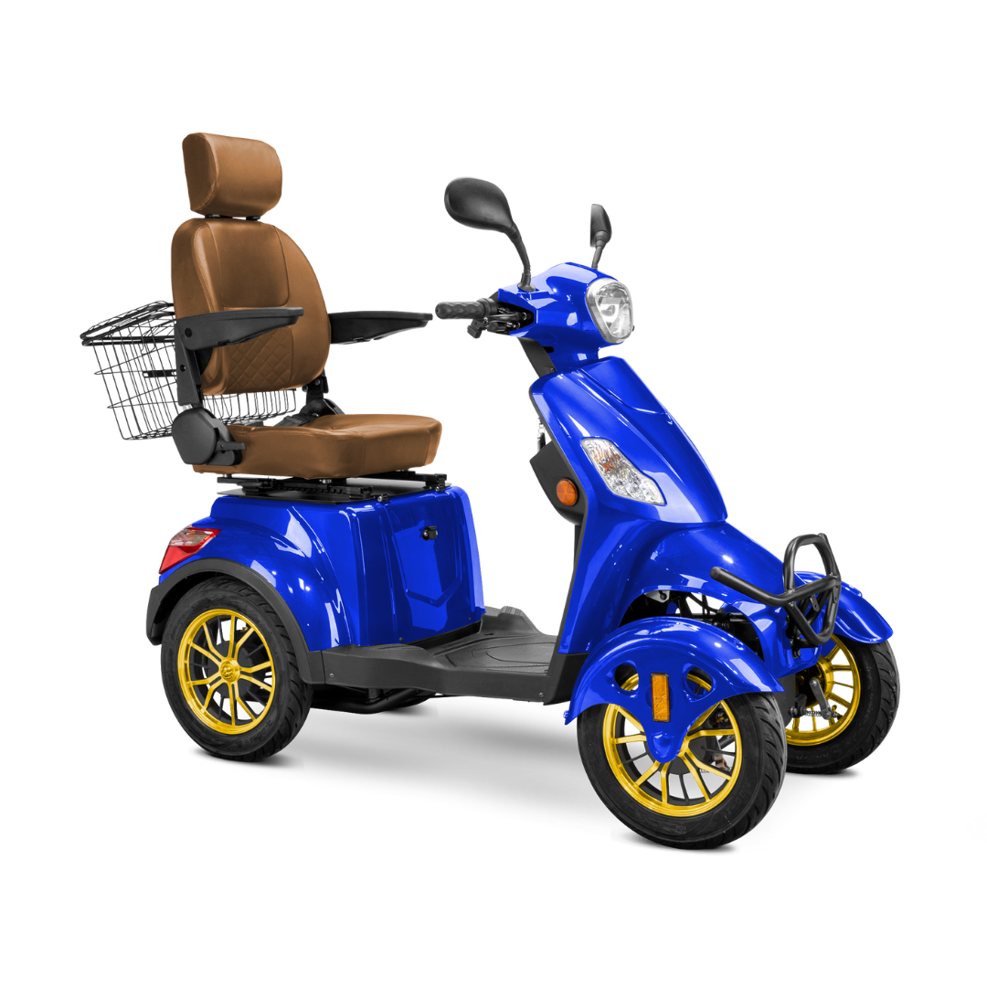 The Bespoke Prestige Recreational 4-Wheel Scooter features a bright blue body, tan cushioned adjustable seat with high backrest and armrests, and a black metal rear basket, all showcased on a white background.